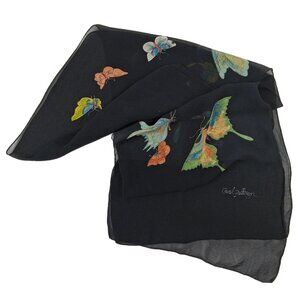 Carol Patterson VTG Hand Painted Silk Scarf Signed Butterfly Black Hand-Rolled